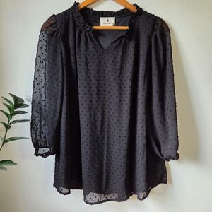 EUC BETSEY'S BOUTIQUE SHOP BLACK SPLIT V NECK SHEER LINED LONGSLEEVES XL